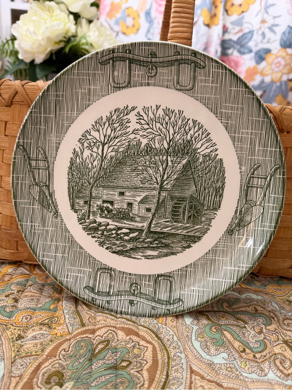 Vintage Green Transferware Mill Scene Plate Water Wheel Farmhouse Cottage Decor